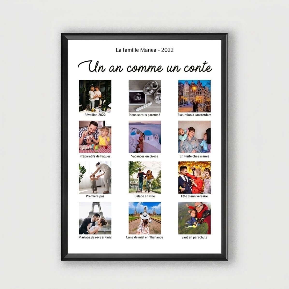Tableau personnalisé avec 12 photos et un texte - Une année comme un conte