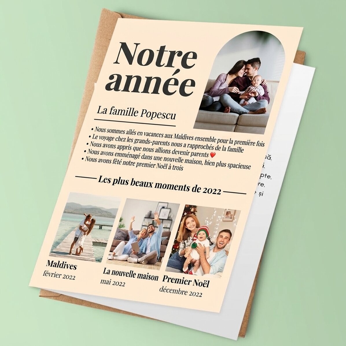 Carte de vœux personnalisée avec 4 photos de famille et un texte - Notre année en images
