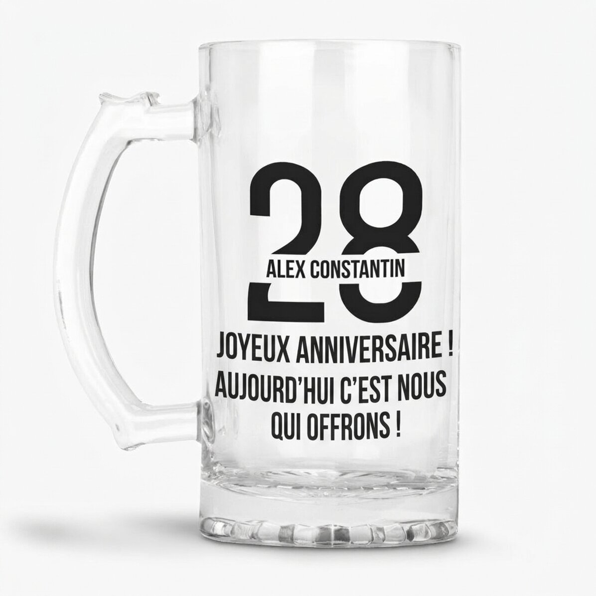 Chope à bière personnalisée avec un message pour un anniversaire