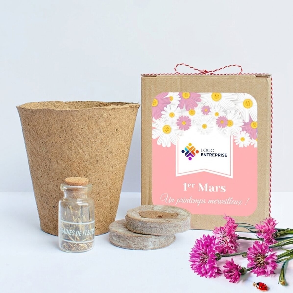 Kit de plantation de fleurs de printemps dans une petite boîte personnalisée avec logo et message - 