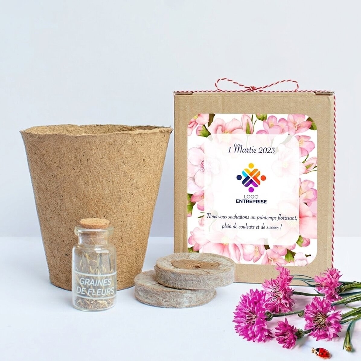 Kit de plantation de fleurs de printemps dans une petite boîte personnalisée avec un logo et un mess