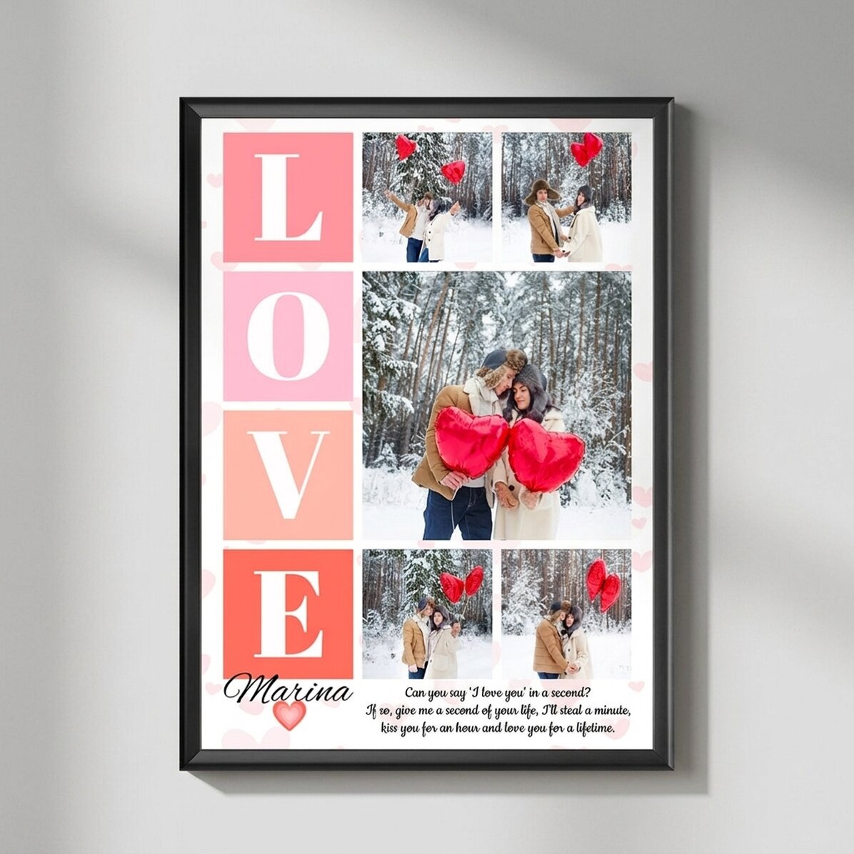 Tableau personnalisé avec 5 photos et un message pour les amoureux