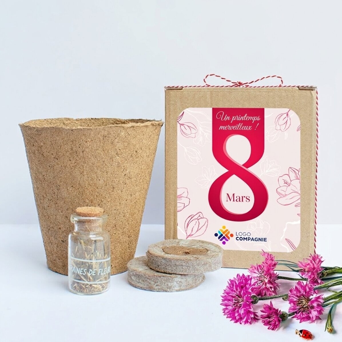 Kit de plantation de fleurs de printemps dans une petite boîte personnalisée avec logo et message - 