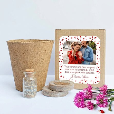 Kit de plantation de fleurs de printemps dans une petite boîte personnalisée avec photo et message -