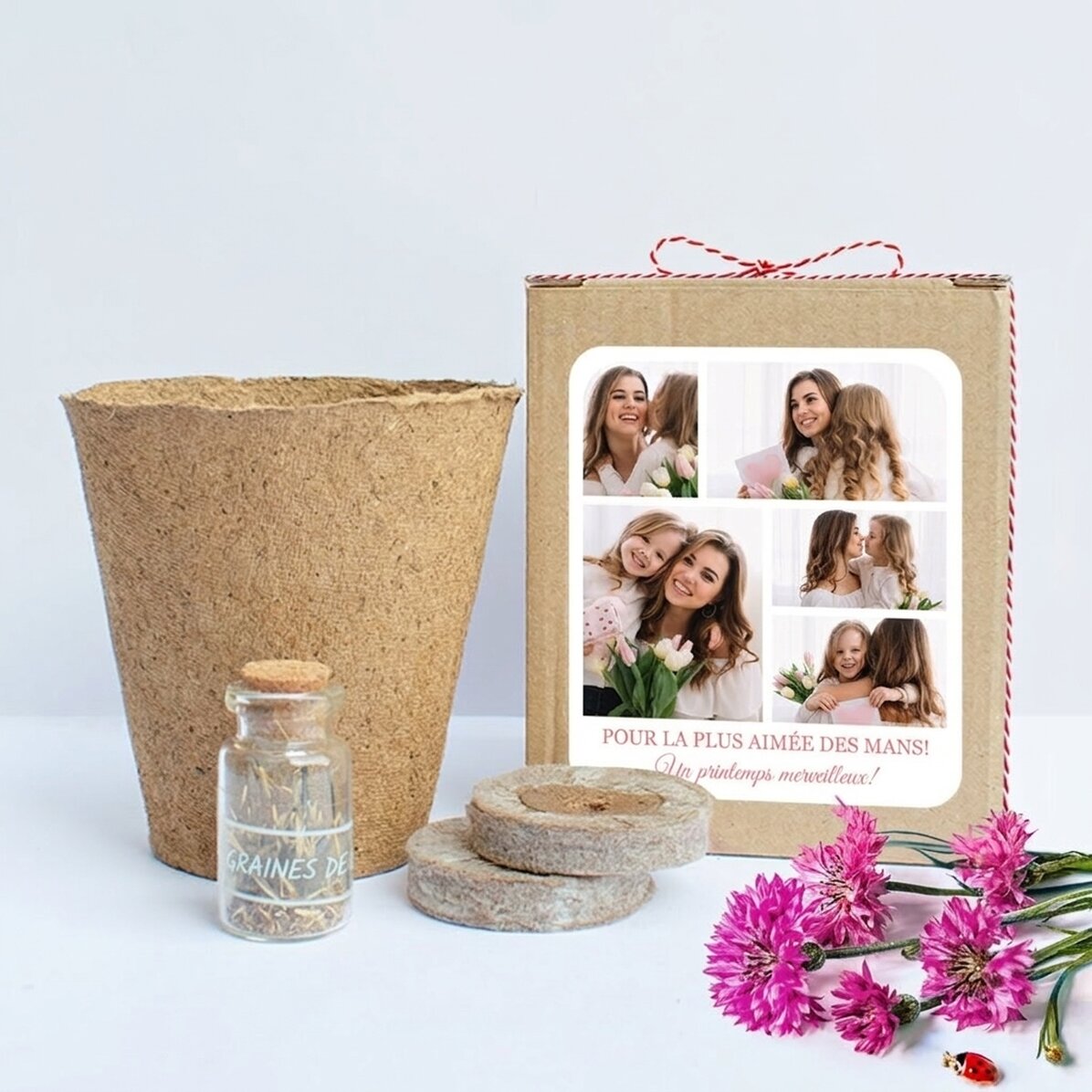 Kit pour planter des fleurs de printemps dans une petite boîte personnalisée avec un collage de phot