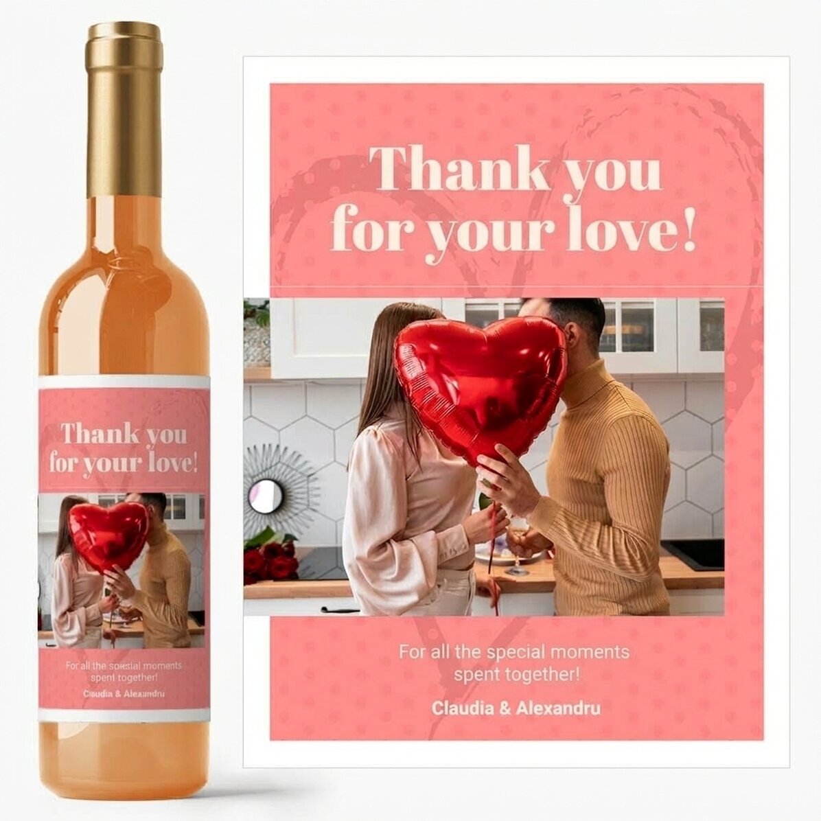 Vin personnalisé avec une photo et un texte - Merci pour ton amour !