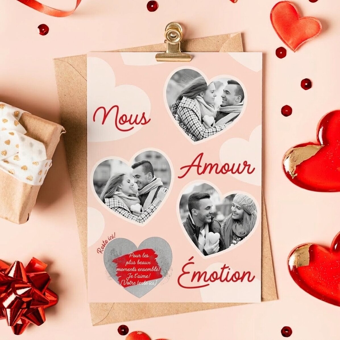 Carte à gratter personnalisée avec 3 photos et un texte - Émotion et amour