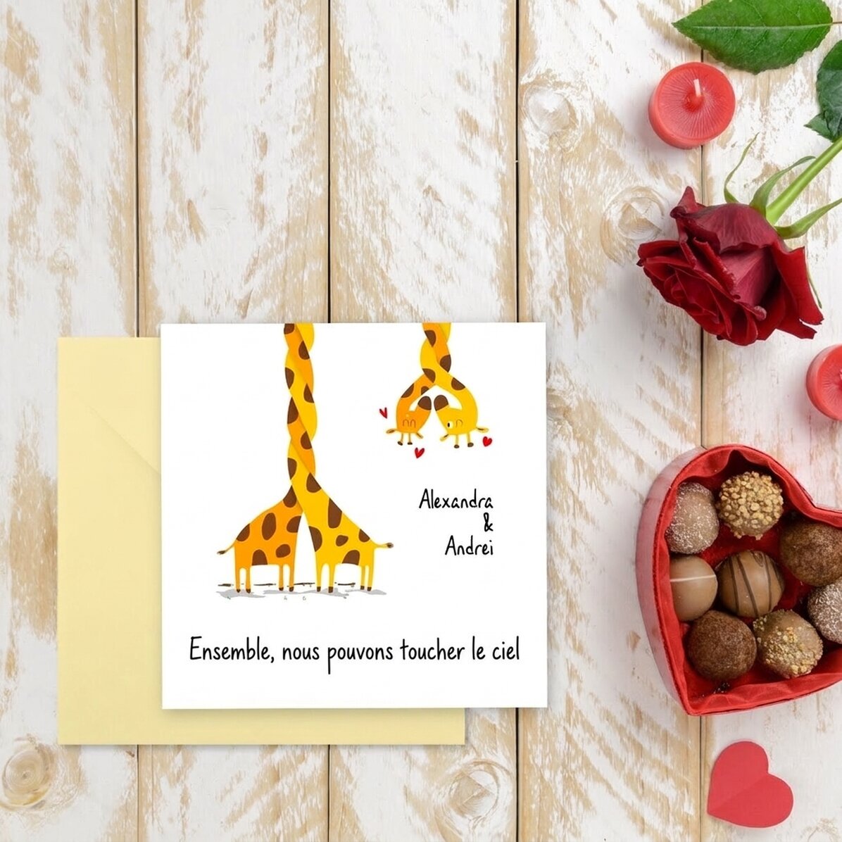 Carte carrée personnalisée avec texte - Girafes amoureuses