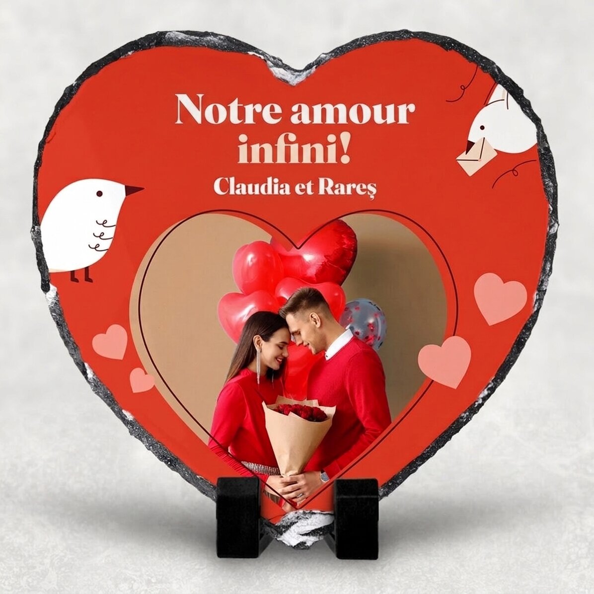 Ardoise en forme de cœur personnalisée avec une photo et un texte - Notre amour infini