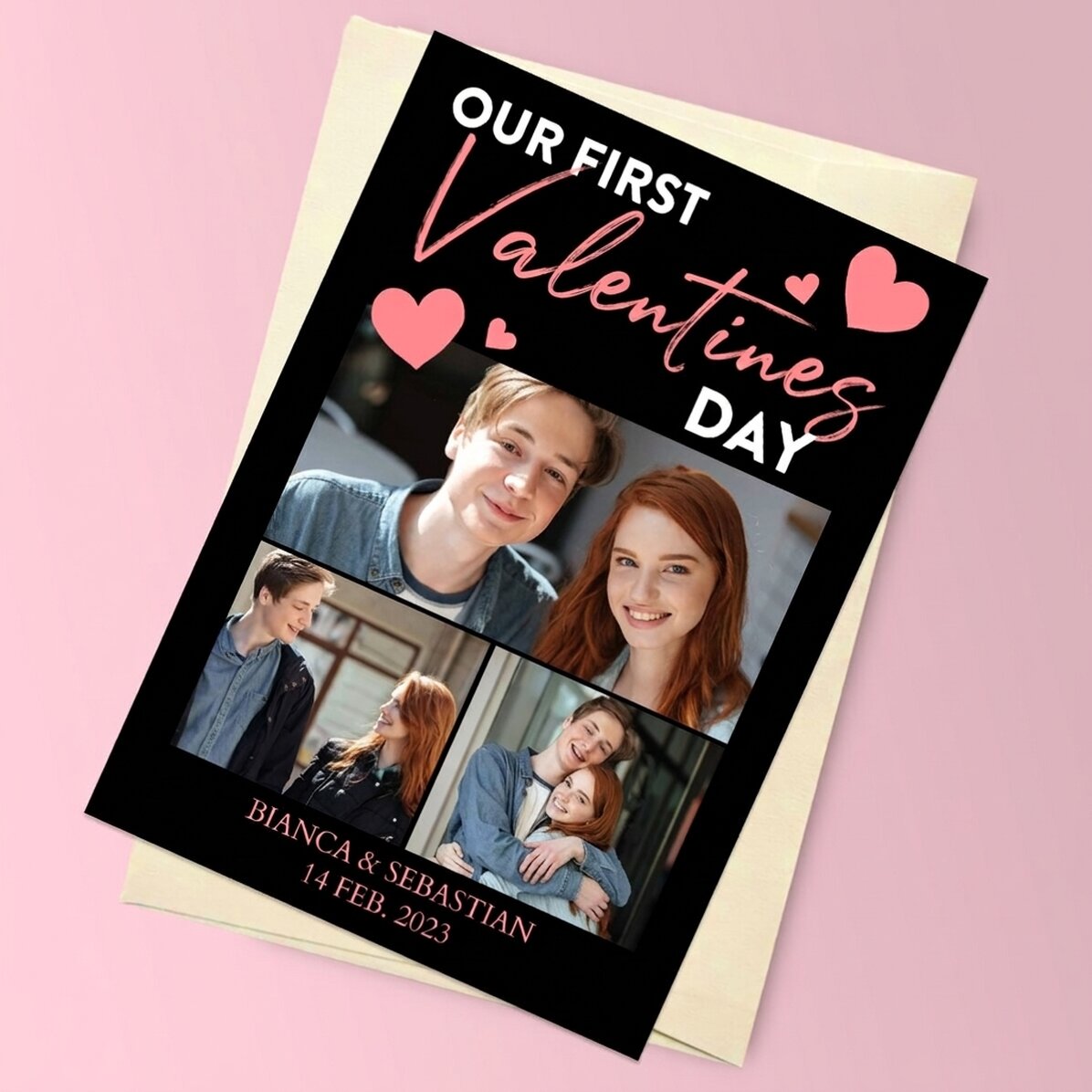 Carte de vœux magnétique personnalisée avec 3 photos et un message - Saint-Valentin