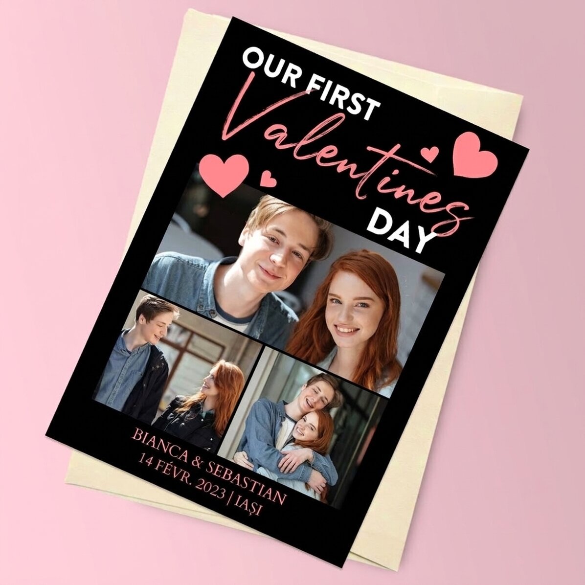 Carte de vœux magnétique personnalisée avec 3 photos et un message - Saint-Valentin