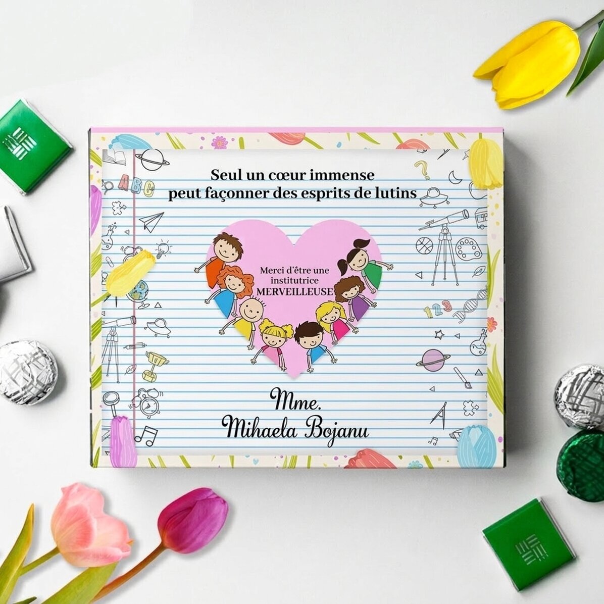 Boîte de bonbons personnalisée avec un message pour une enseignante - Cœur