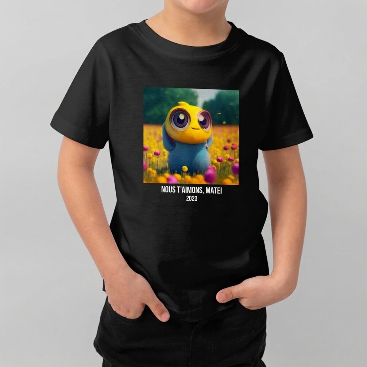 T-shirt en coton pour enfants, personnalisé avec une photo carrée et un texte