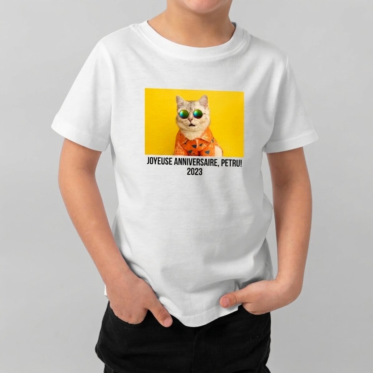 T-shirt en coton pour enfants, personnalisé avec une photo au format paysage et un texte