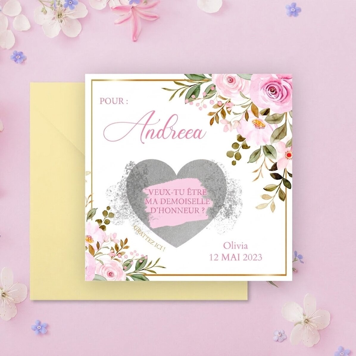 Carte à gratter personnalisée avec message - motif floral
