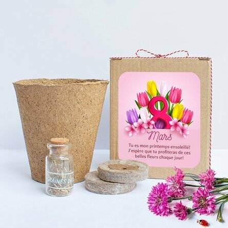 Kit de plantation de fleurs de printemps dans une petite boîte personnalisée avec un message pour le
