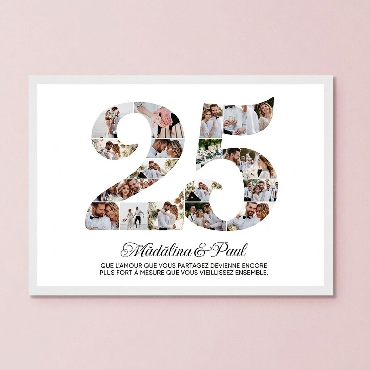 Tableau personnalisé avec le numéro 25, des photos et un message - Anniversaire de couple