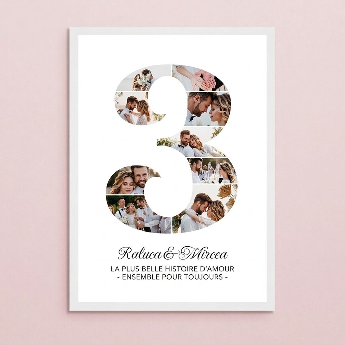 Tableau personnalisé avec le chiffre 3, des photos et un message - Anniversaire de relation