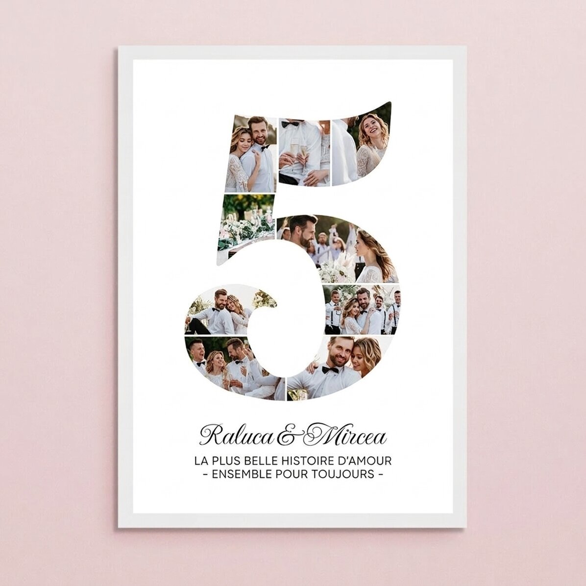 Tableau personnalisé avec le chiffre 5, des photos et un message - Anniversaire de relation