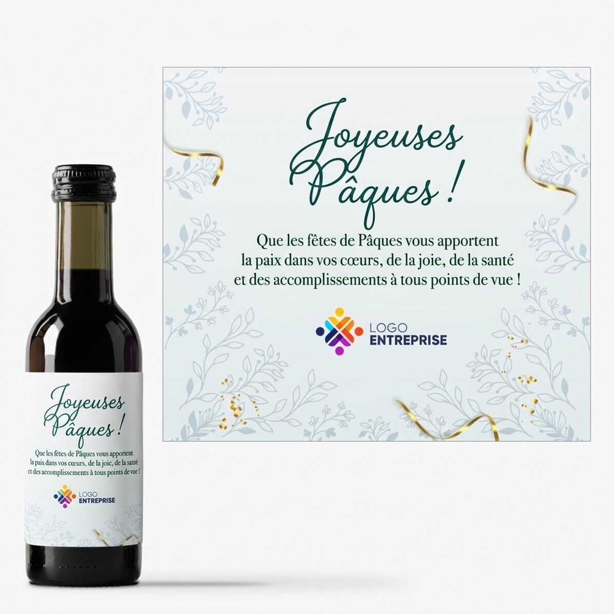 Mini-bouteille de vin personnalisée avec logo et message - Joyeuses Pâques !