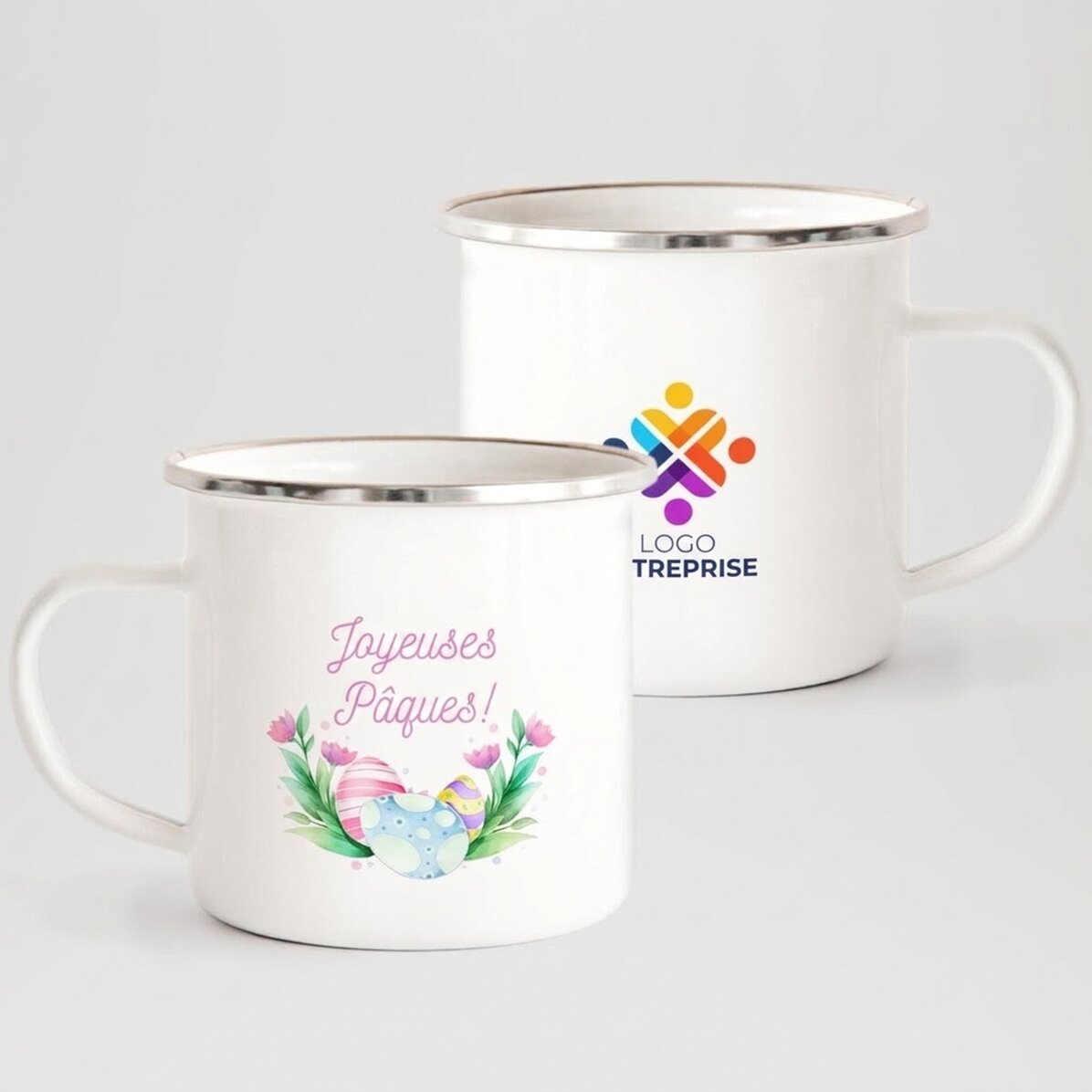 Tasse métallique émaillée personnalisée avec logo et texte - Joyeuses Pâques !