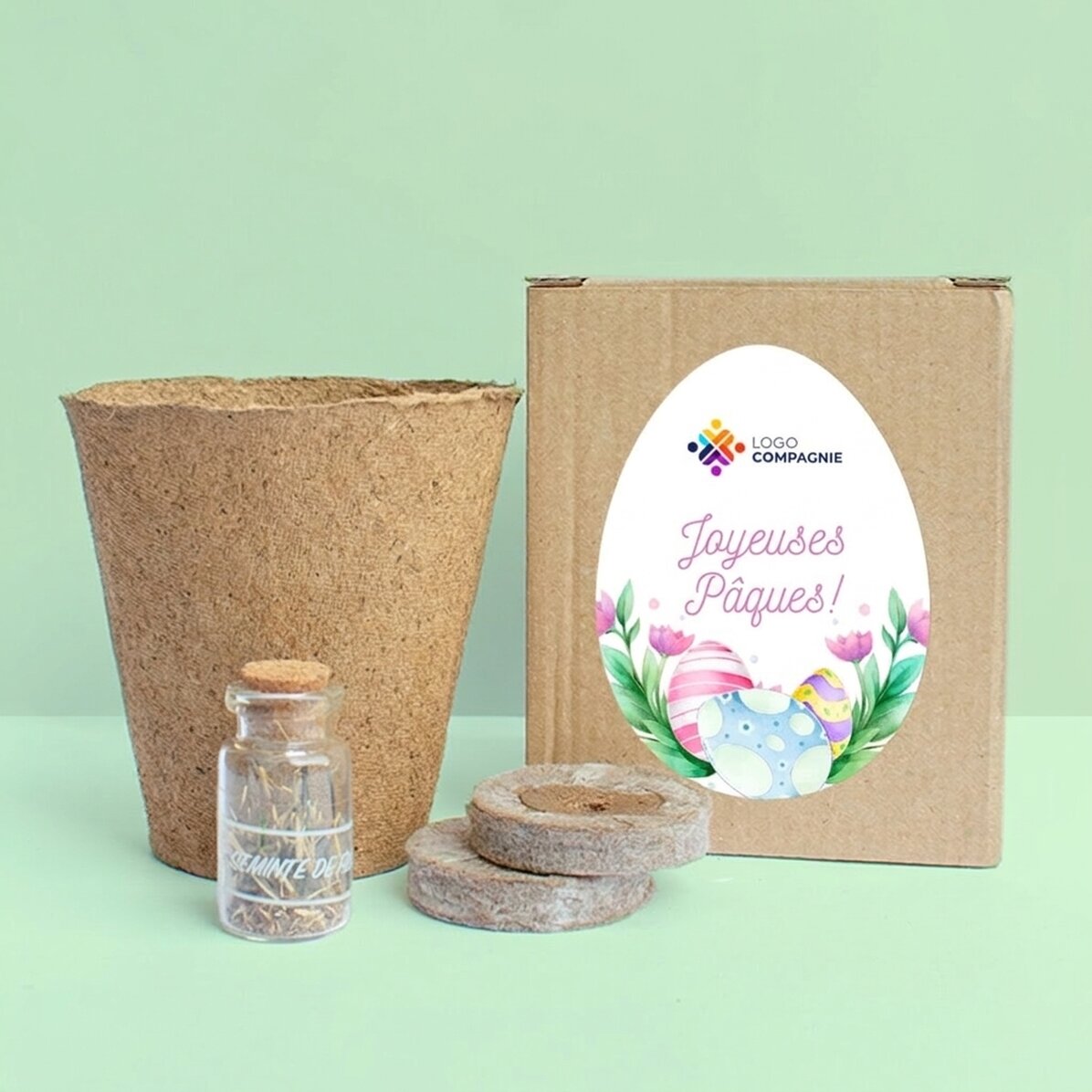 Kit de plantation de fleurs dans une petite boîte personnalisée avec logo et texte - Joyeuses Pâques