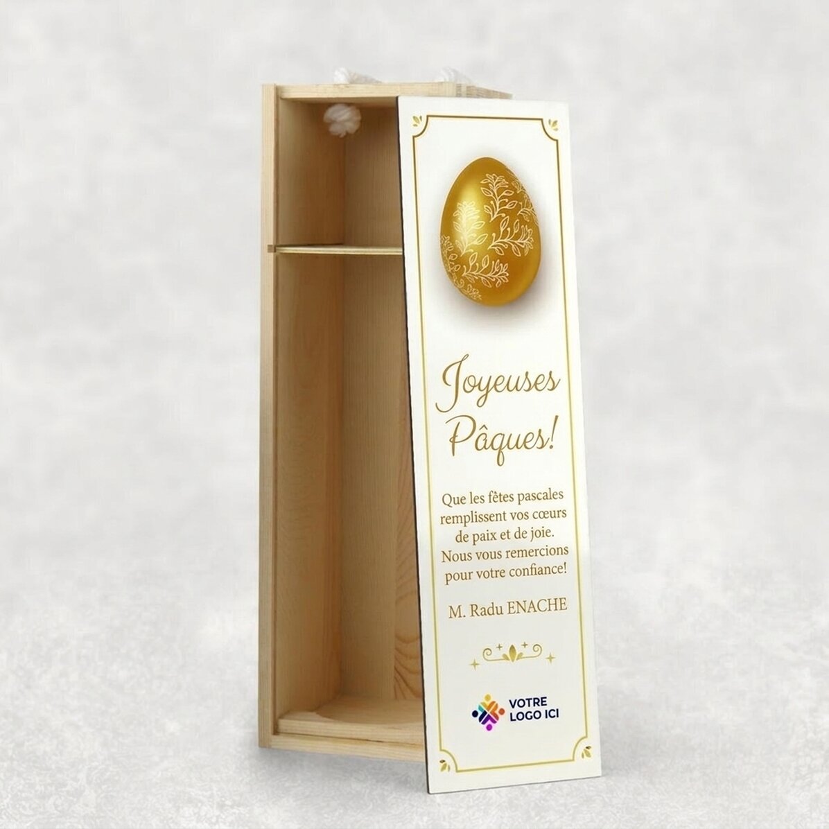 Caisse de vin personnalisée avec logo et message - Joyeuses Pâques !