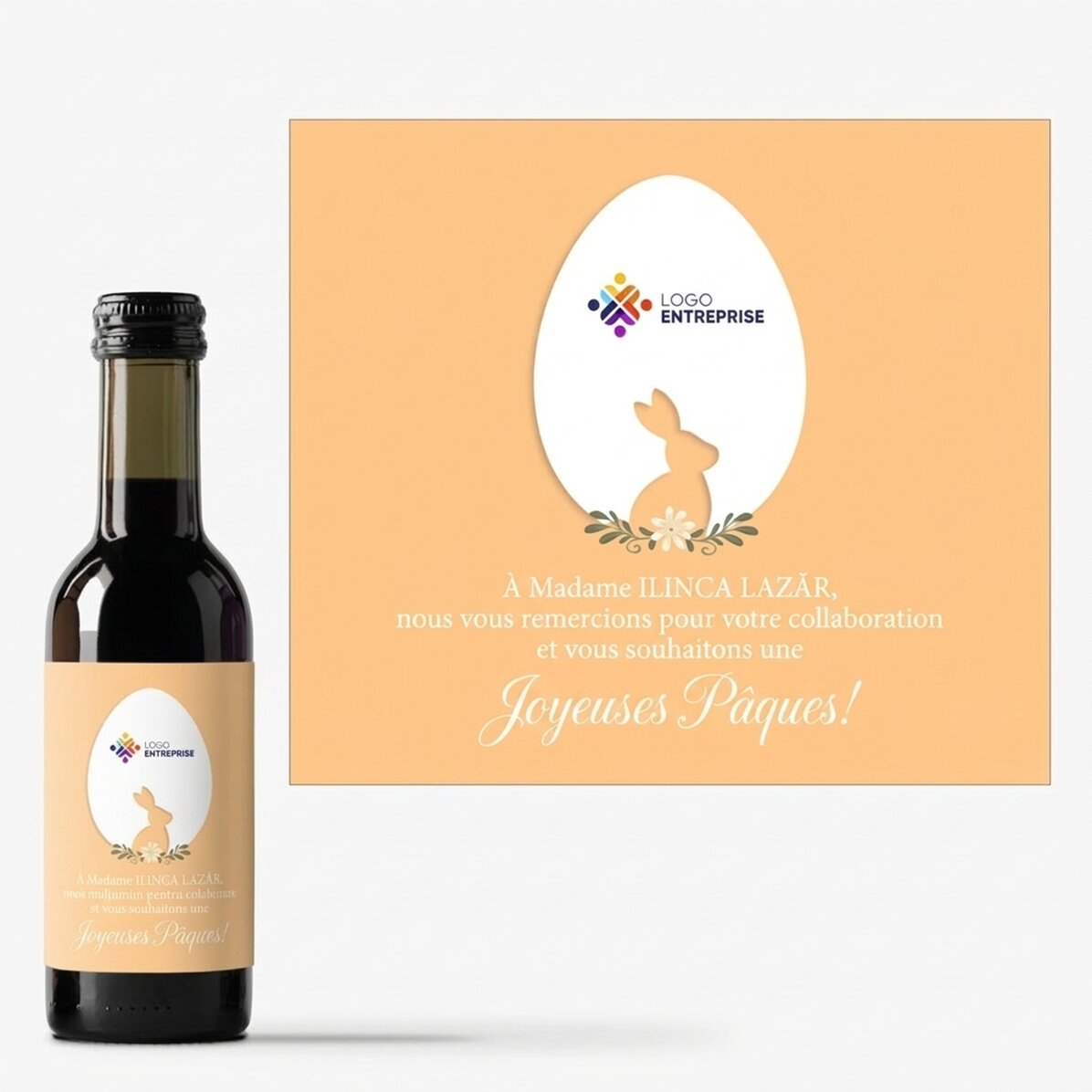 Mini-bouteille de vin personnalisée avec texte et logo - Joyeuses Pâques