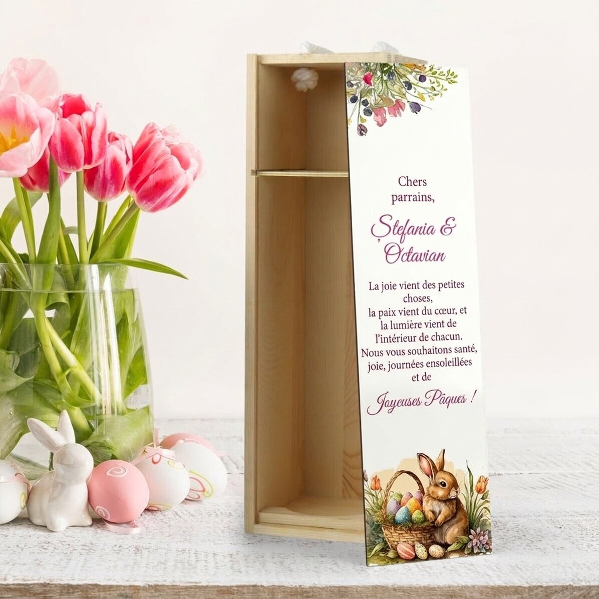 Coffret de vin personnalisé avec un message de Pâques