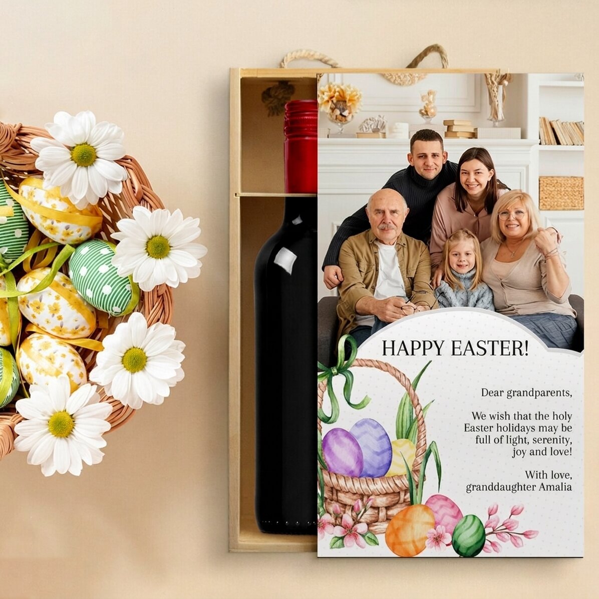 Coffret à vin pour 2 bouteilles, personnalisé avec une photo et un message pour Pâques