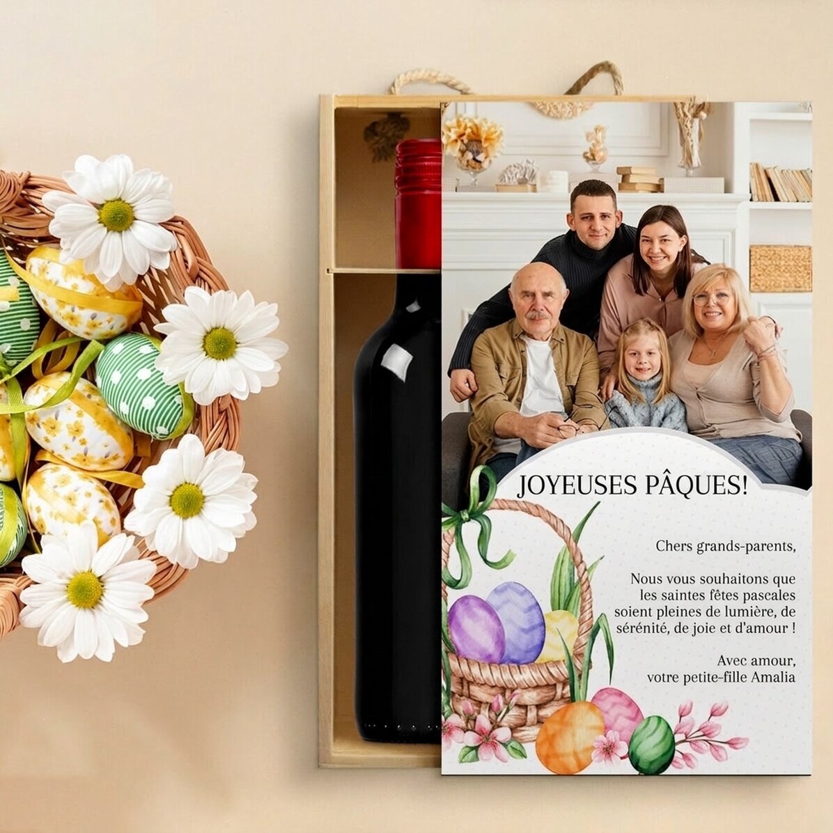 Coffret à vin pour 2 bouteilles, personnalisé avec une photo et un message pour Pâques