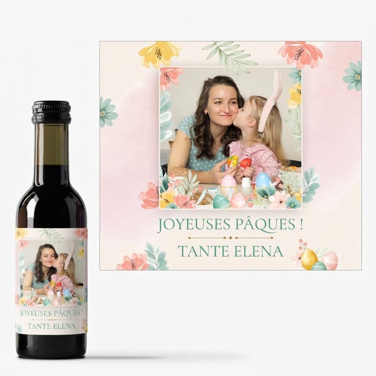 Mini-bouteille de vin personnalisée avec une photo et un texte - Joyeuses Pâques