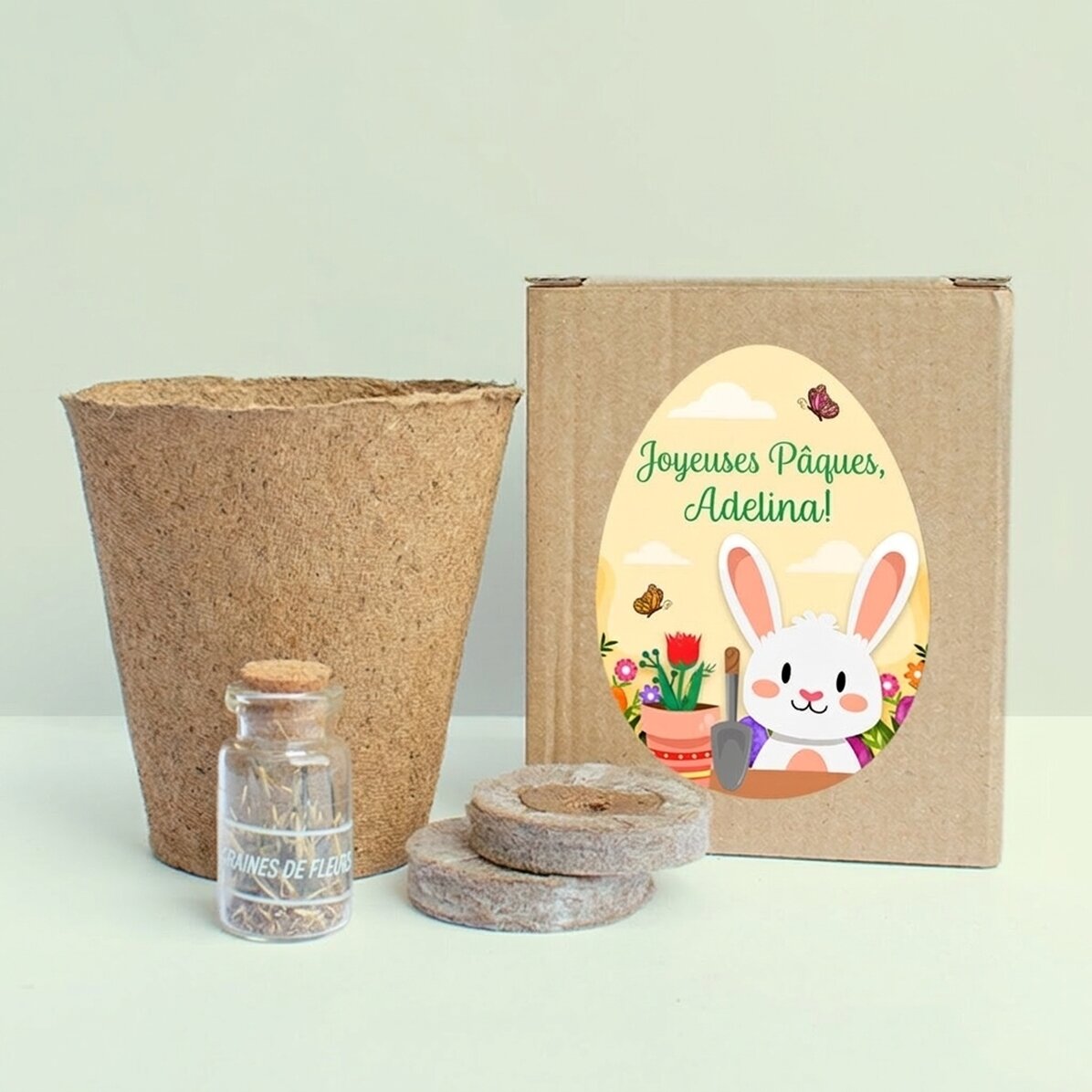 Kit de jardinage dans une petite boîte personnalisée avec un message pour les enfants - Pâques