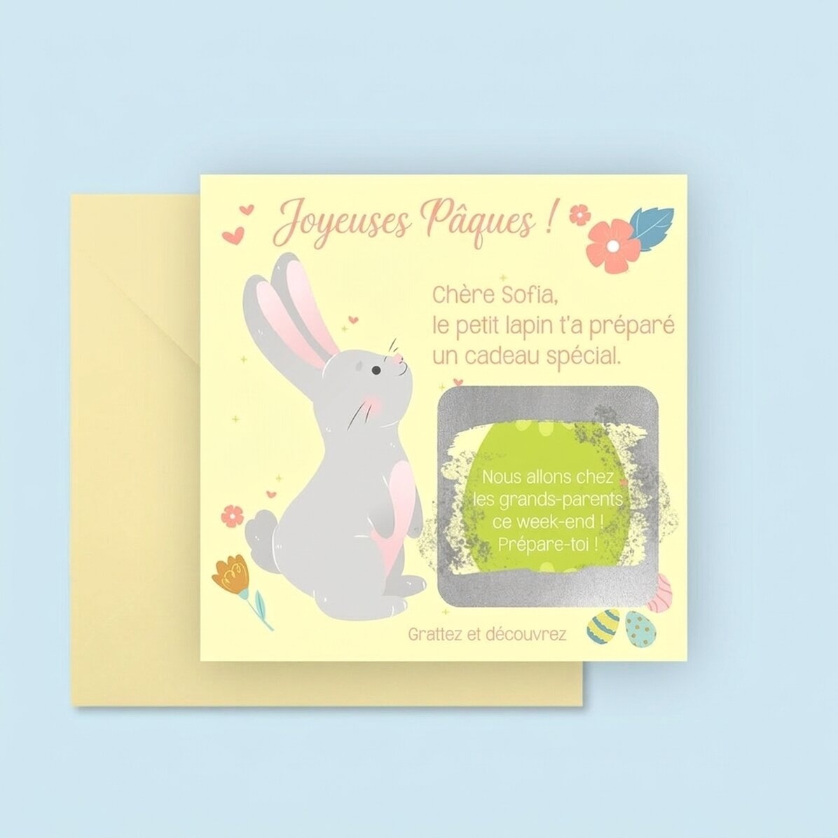 Carte à gratter personnalisée avec un message - De la part du lapin de Pâques