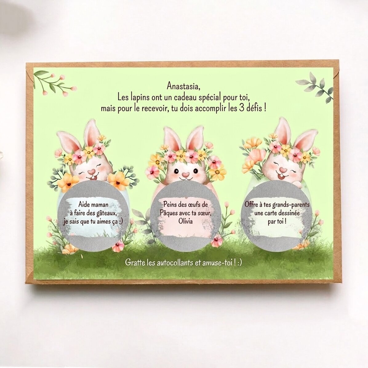 Carte à gratter personnalisée avec un message de Pâques - Les défis du lapin