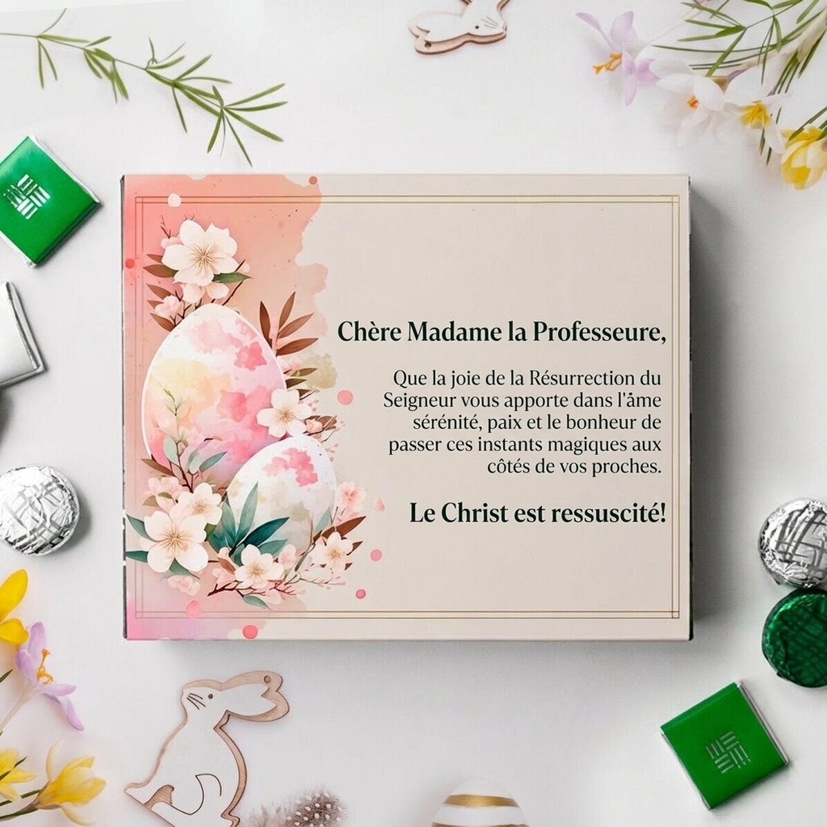 Boîte de bonbons personnalisée avec un message pour la maîtresse - Joyeuses Pâques !