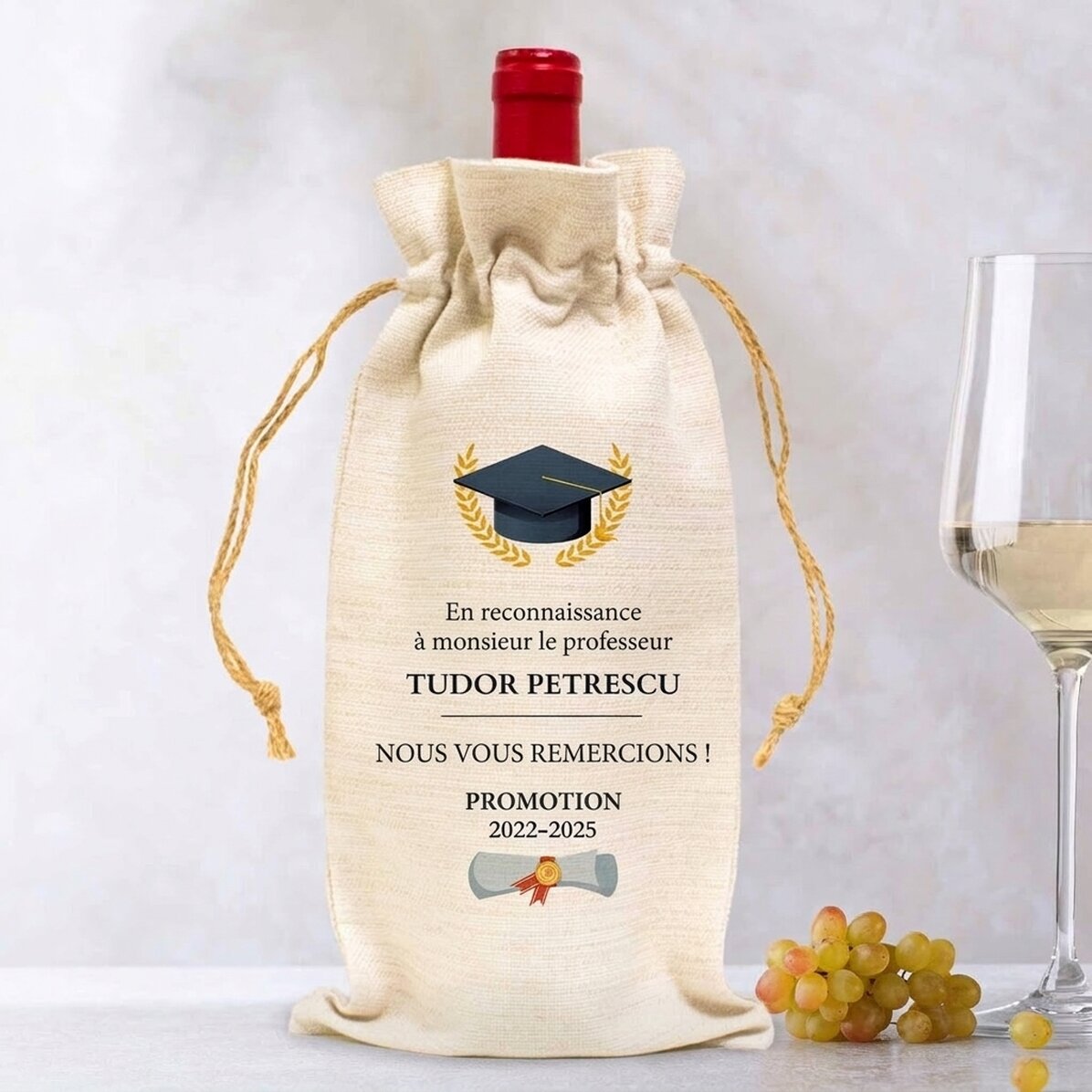 Sachet pour bouteille de vin personnalisé avec un message - Remise des diplômes