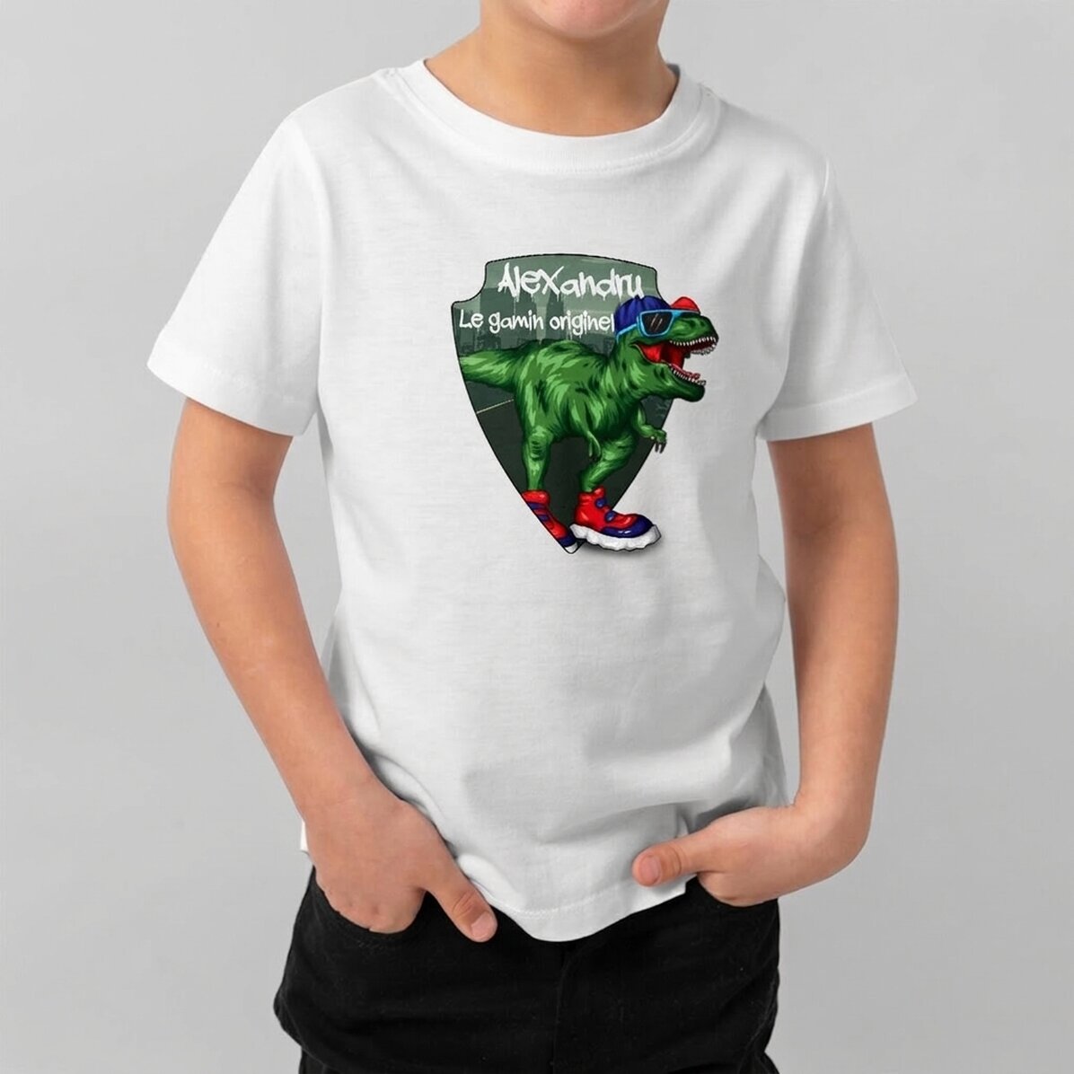 T-shirt en coton pour enfants personnalisé avec un texte - Dinosaure cool