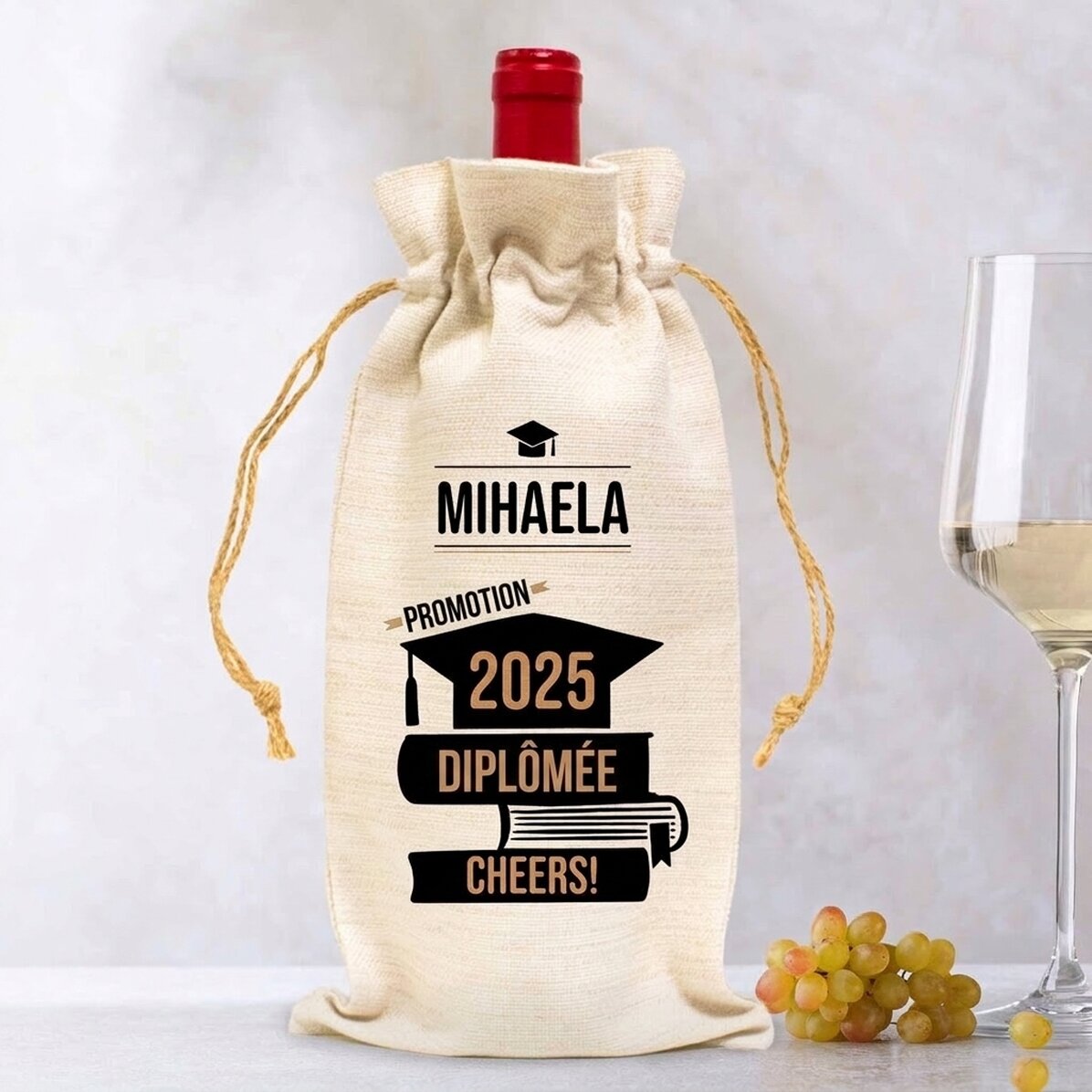 Sac pour bouteille de vin, personnalisé avec un message destiné aux diplômés