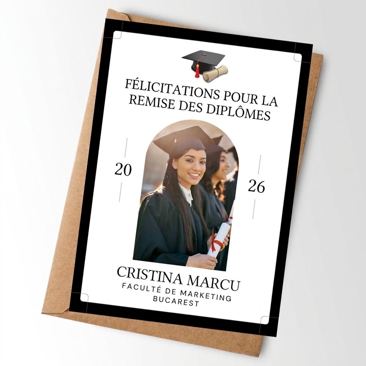Carte personnalisée avec une photo et un texte pour la remise des diplômes