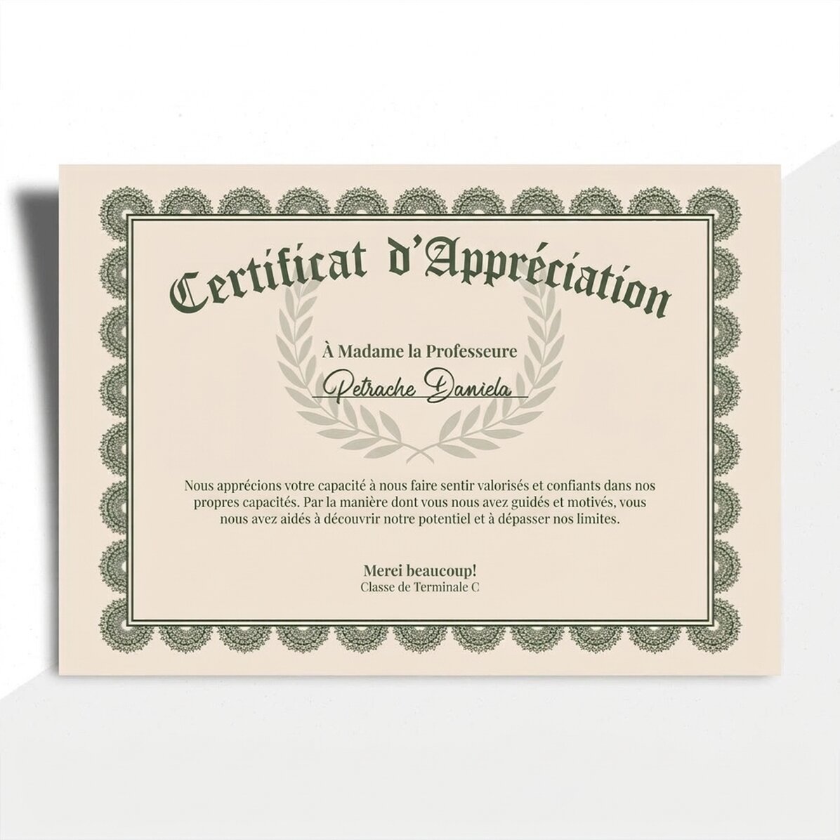 Diplôme personnalisé (texte) - Certificat de reconnaissance
