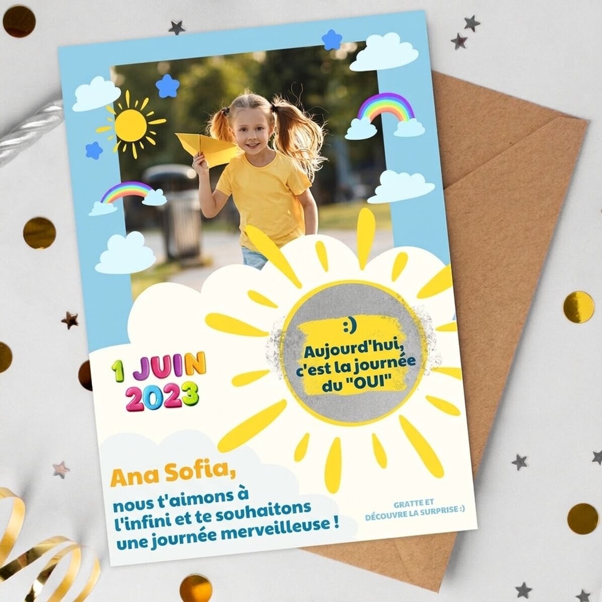 Carte à gratter personnalisée avec photo et message pour les enfants, pour le 1er juin