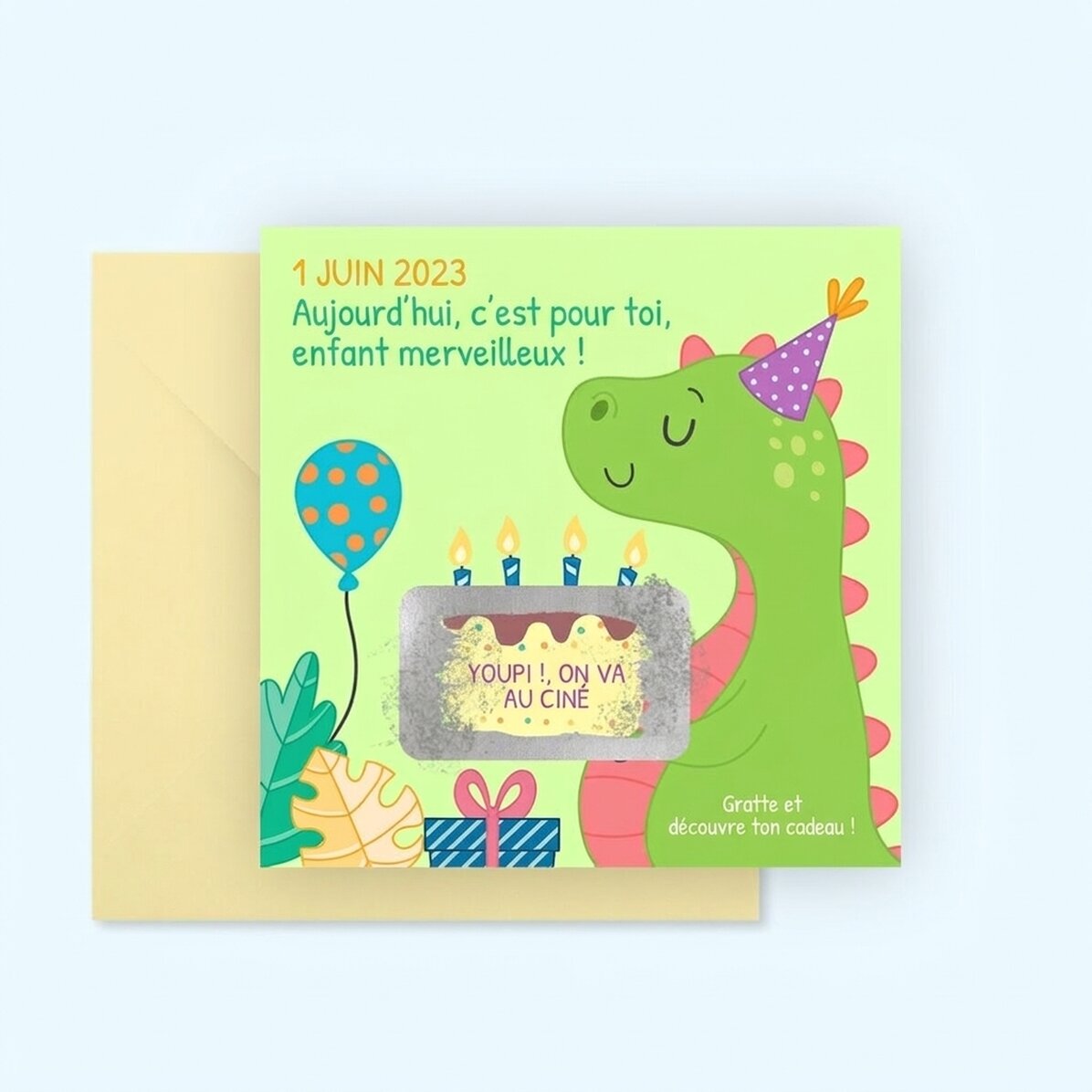 Carte à gratter personnalisée avec un message pour les enfants - Dino