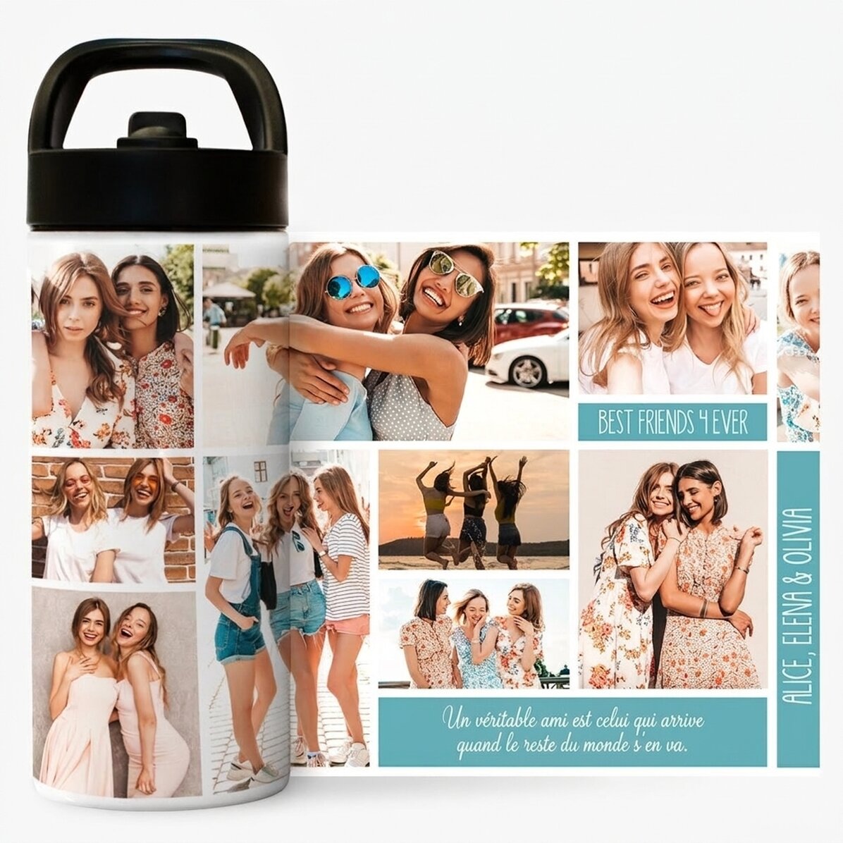 Thermos avec poignée et paille, personnalisé avec un collage de photos et un texte