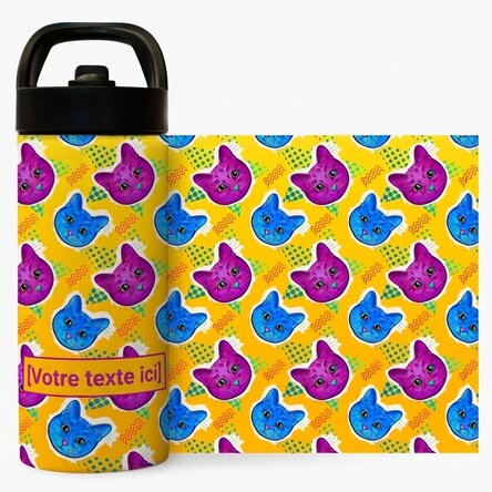Thermos avec poignée et paille, personnalisé avec un prénom - Chats colorés