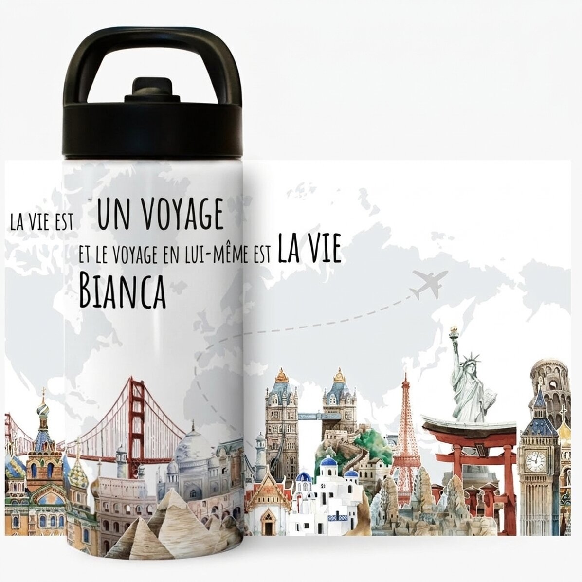 Thermos avec poignée et paille, personnalisé avec un prénom - Le voyage, c