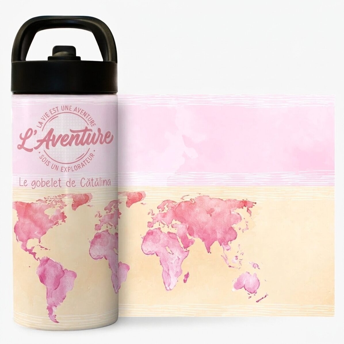 Thermos avec poignée et paille, personnalisé avec un prénom - Be an explorer