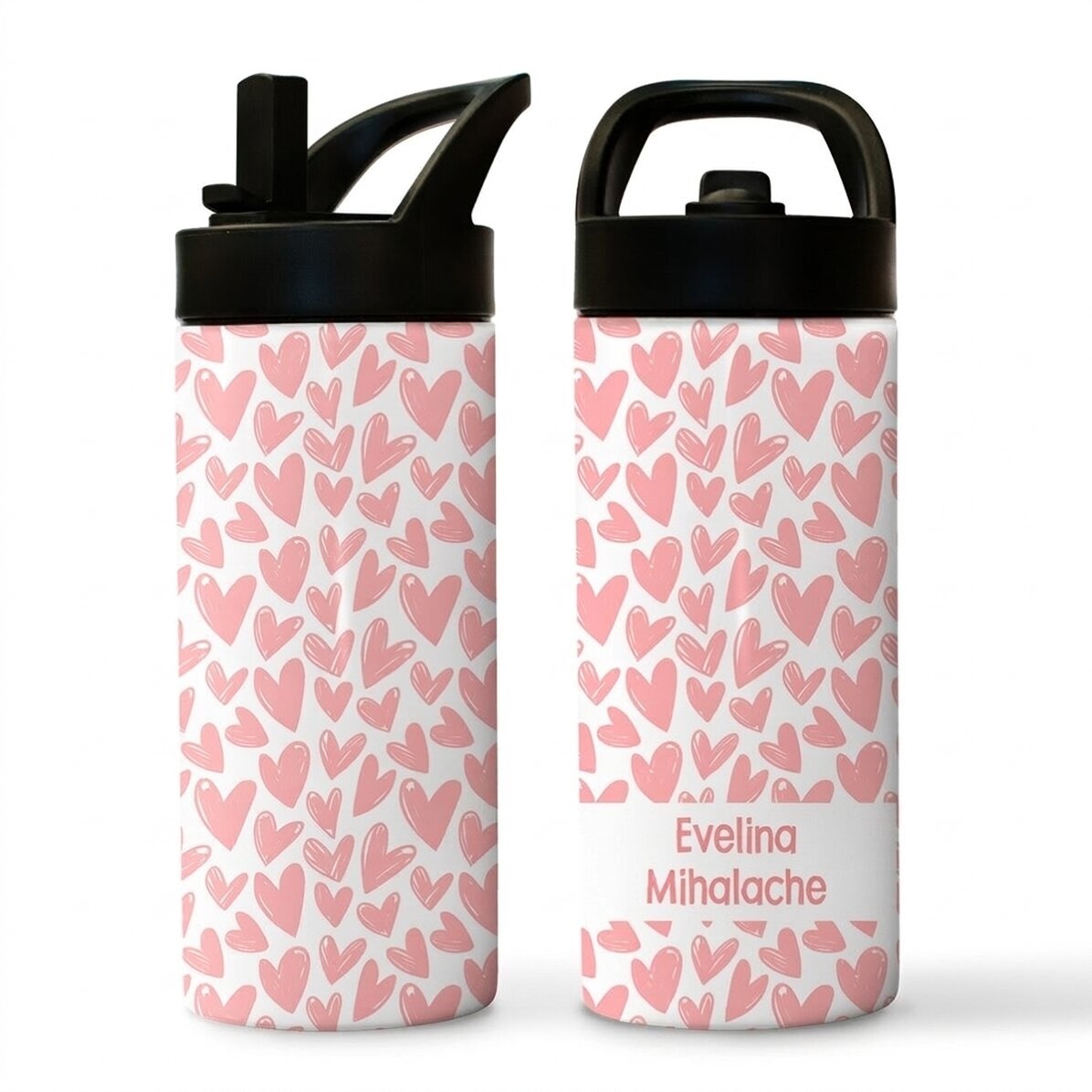 Thermos avec poignée et paille, personnalisé avec un prénom - Cœurs