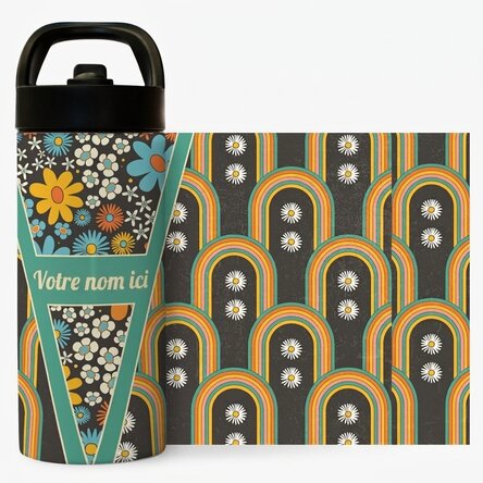 Thermos avec poignée et paille, personnalisé avec un prénom - Fleurs et arc-en-ciel