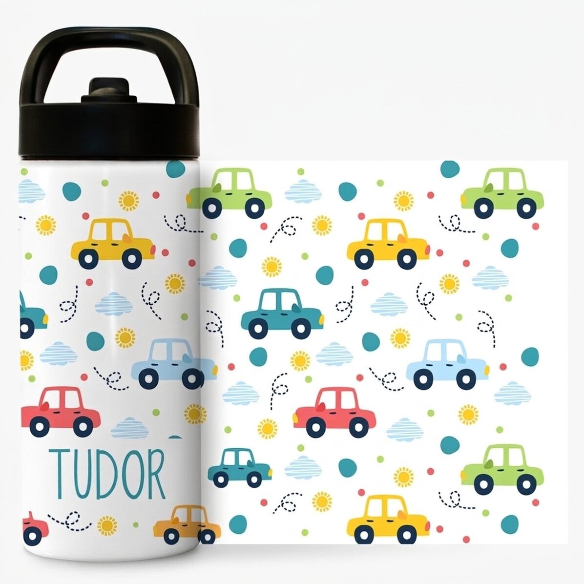 Thermos avec poignée et paille, personnalisé avec un prénom - Petites voitures